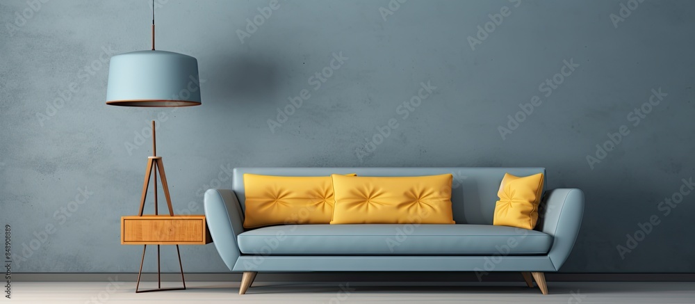 Poster Living room setting with a stylish sofa a chic lamp and a trendy rack providing a cozy ambiance in a copy space image