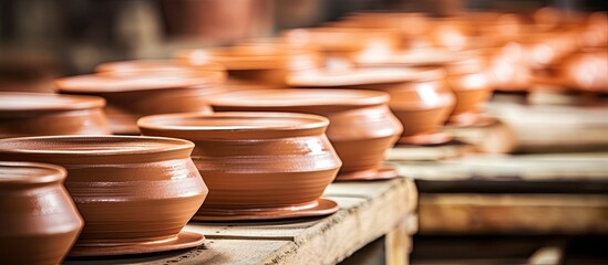Close up image of ceramic pottery in a factory setting with copy space image available