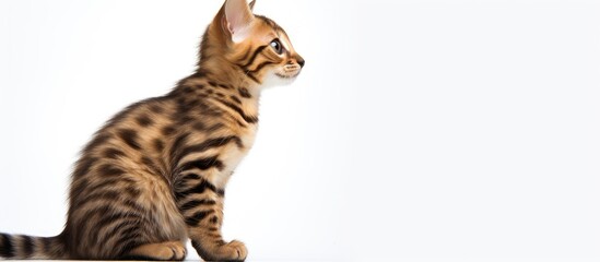 Bengal cat kitten shown in profile on a white background with copy space image