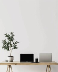A desk with a laptop, a plant, and a pen