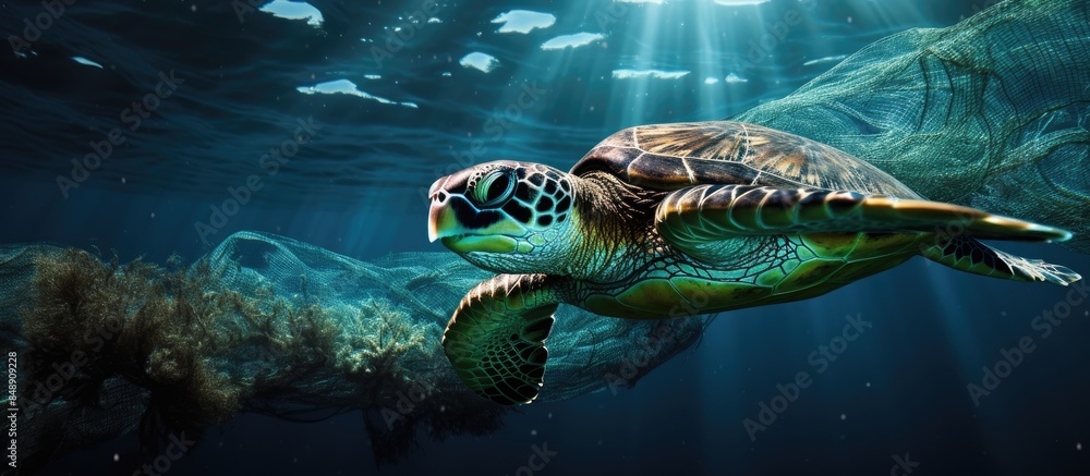 Aufkleber an image showing a green sea turtle caught in a fishing net with available space for adding text or 