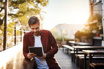 Outdoor, tablet and man with email, reading and application for college, notification and online. Education, campus and acceptance to university, app and person, student and digital in Canada