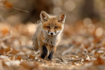 Fototapeta premium Baby Fox: An adorable baby fox kit with reddish fur and a bushy tail, exploring a forest clearing.
