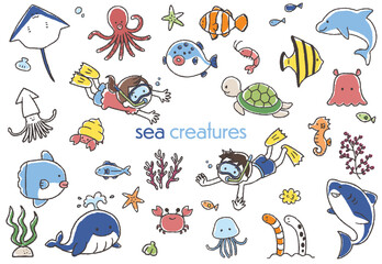 かわいい海の生き物の手描きイラストセット