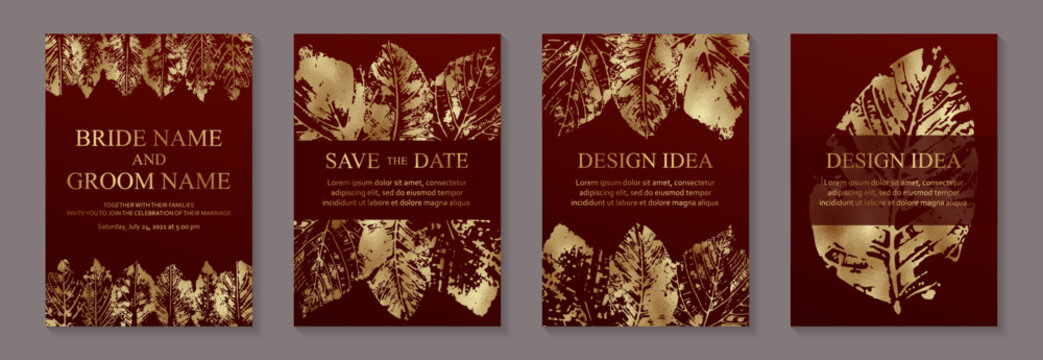 Modern luxury card templates for wedding or bithday greeting or presentation or sale banner with golden autumn leaves on a red background.