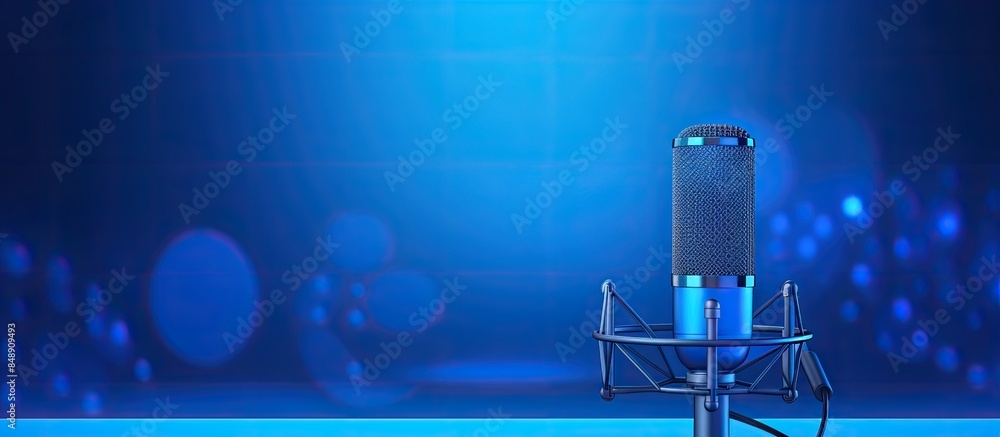 Poster blue background banner featuring a studio microphone for podcast recording with copy space image