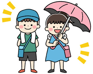 帽子と日傘、水筒を持った子供のイラスト