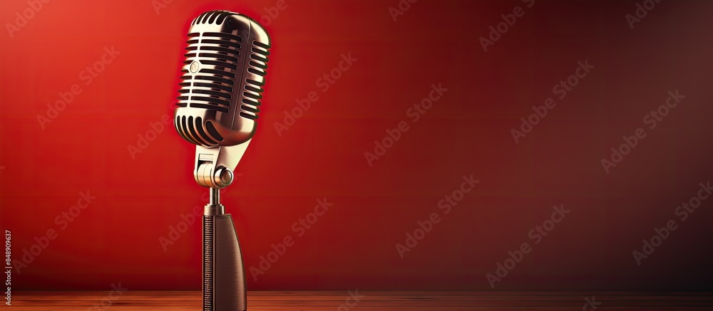 Poster copy space image featuring a high quality microphone as part of the background