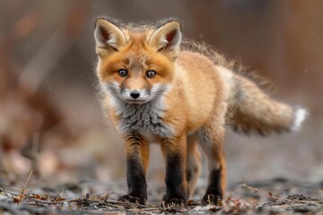 Fototapeta premium Baby Fox: An adorable baby fox kit with reddish fur and a bushy tail, exploring a forest clearing.