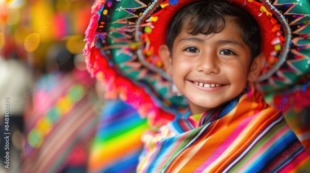 Wall mural  Vivid photo of a Mexican little boy in traditional attire, wearing a colorful sombrero