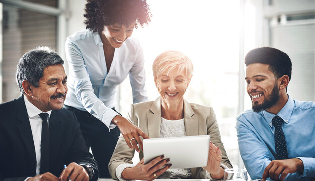 Tablet, teamwork and business people in office, meeting and brainstorming with financial report. Group, trading and employees with tech, corporate and broker with connection, accounting and planning