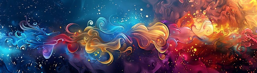 a colorful abstract painting featuring a red, yellow, green, blue, and purple color scheme