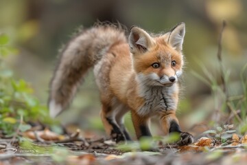Naklejka premium Baby Fox: An adorable baby fox kit with reddish fur and a bushy tail, exploring a forest clearing.