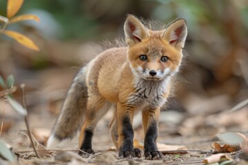 Fototapeta premium Baby Fox: An adorable baby fox kit with reddish fur and a bushy tail, exploring a forest clearing.