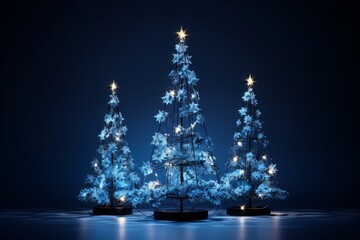 Christmas tree with shining light with particles falling snowflakes and stars 3d rendering blue background