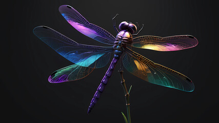 Violet, iridescent dragonfly logo, full shot, 3D photo realistic, plain black background, unreal engine render, 8k
