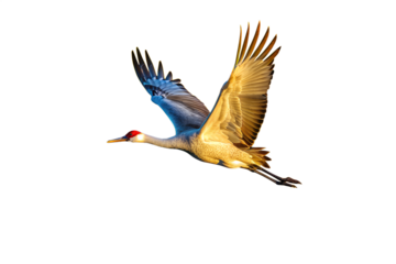 American crane hunting on the lake. An endangered species. Isolated on a white background