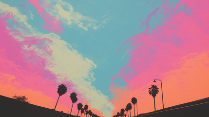 Sunset palms silhouettes along the California road - romantic summer wallpaper with stunning beautiful sunset