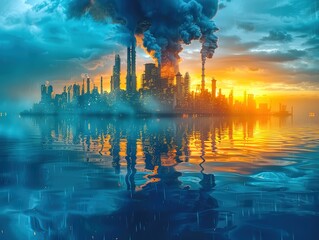 wide angle view oil refinary building near teh rive with sky and sunset background , energy industry concept