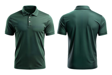 Front and back view of a blank dark green polo shirt isolated on the transparent PNG background