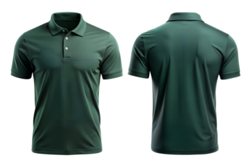 Front and back view of a blank dark green polo shirt isolated on the transparent PNG background