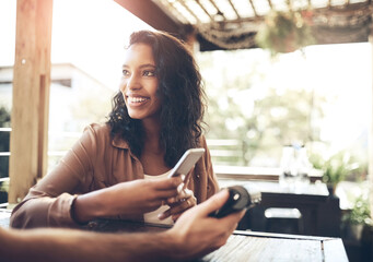 Woman, smartphone and pos terminal in coffee shop for paying by customer for waitress service. Finance, bill and nfc with person paperless payment using wireless technology in cafe or restaurant