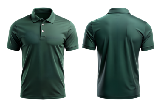Front and back view of a blank dark green polo shirt isolated on the transparent PNG background