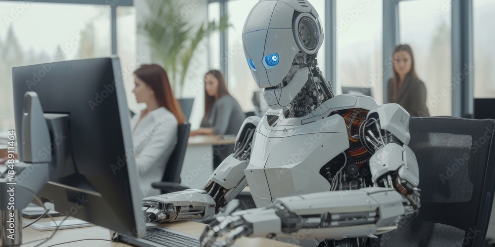 Poster a humanoid robot with advanced features is seated at a desk, engaging in tasks alongside human colle