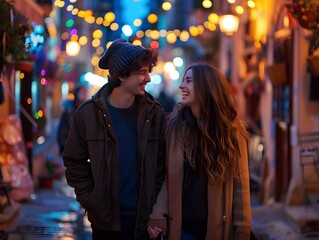 Obraz premium Joyful Couple Strolling Through Vibrant Cityscape Filled with Colorful Lights and Lively Atmosphere
