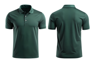 Front and back view of a blank dark green polo shirt isolated on the transparent PNG background