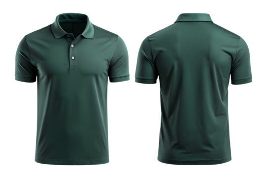 Front and back view of a blank dark green polo shirt isolated on the transparent PNG background