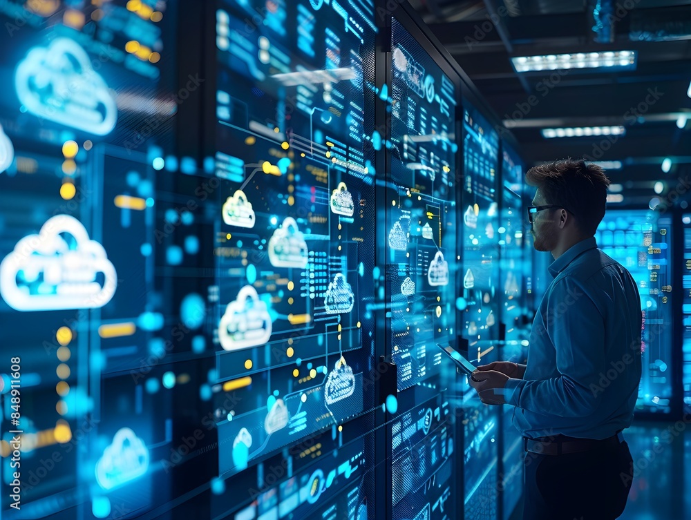 Aufkleber high tech it professionals monitoring cloud and network systems in control room