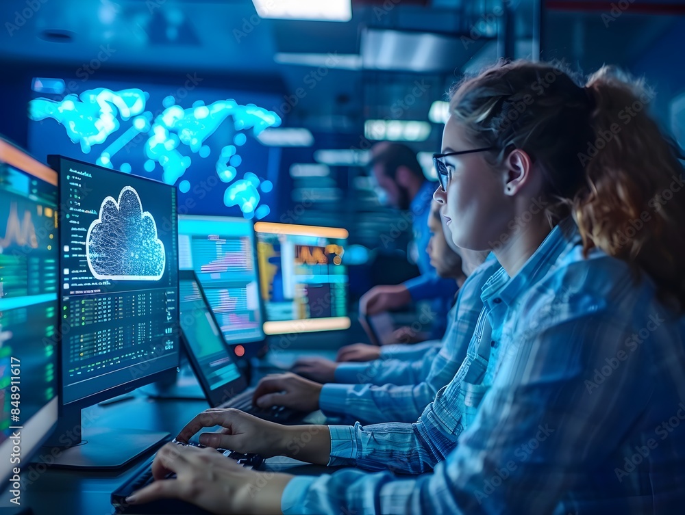 Poster high tech it professionals monitoring cloud services and network traffic in a control room