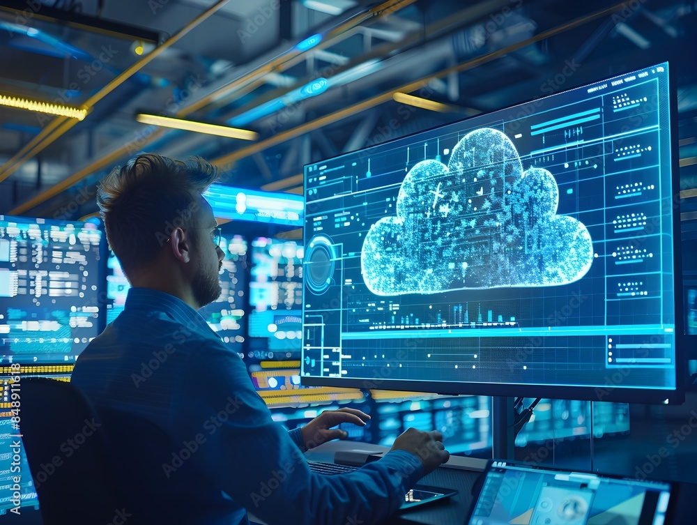 Poster high tech it professionals monitoring cloud computing services and network traffic in control room