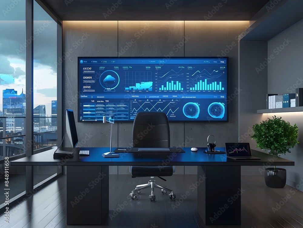 Poster sleek digital office dashboards display cloud computing analytics and performance metrics