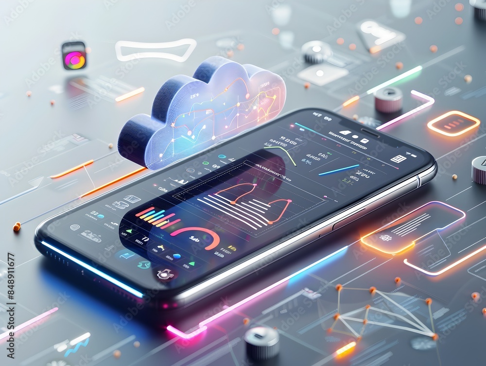Poster mobile device displaying cloud computing dashboard with real time data and application management