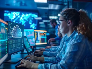 High Tech IT Professionals Monitoring Cloud Services and Network Traffic in a Control Room