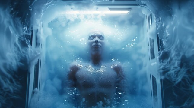 Top view of a frozen human encapsulated in ice, representing the concept of cryonics and the preservation of life through freezing technology.