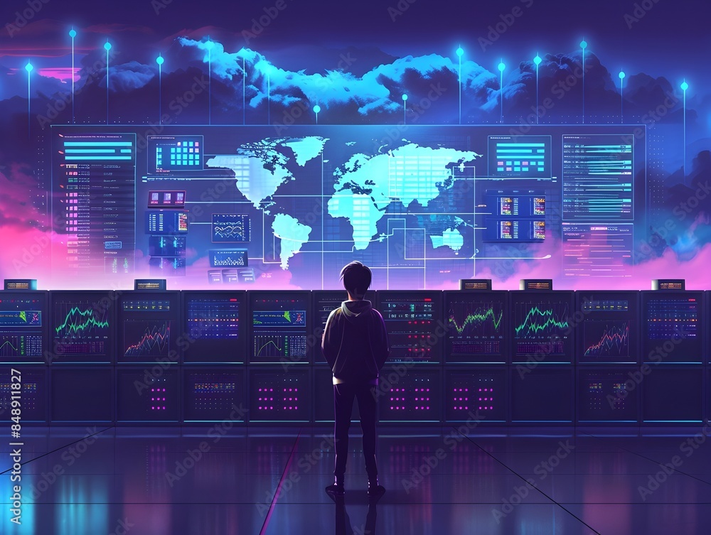 Poster futuristic cloud computing control center monitoring global infrastructure