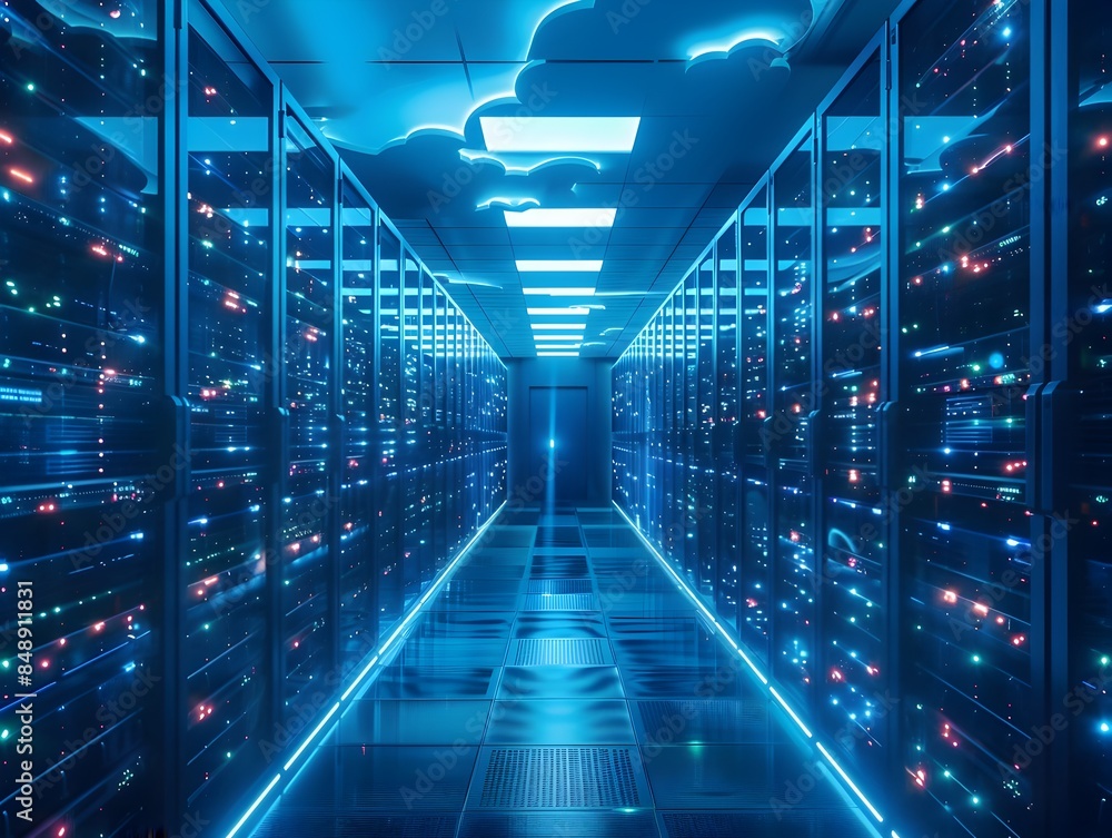 Poster futuristic high tech cloud computing control center monitoring global infrastructure