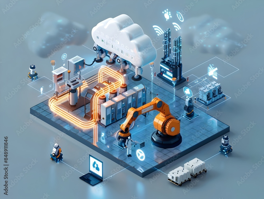 Poster automated smart factory with robots and iot devices connected to cloud computing platform