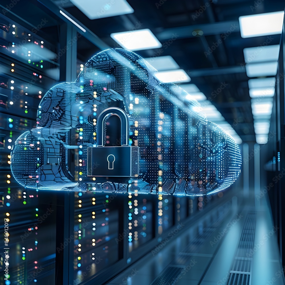 Poster advanced cloud data center with robust digital security measures and encrypted data streams