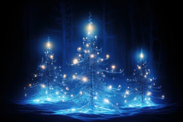 Christmas tree with shining light with particles falling snowflakes and stars 3d rendering blue background