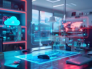 Futuristic Home Office with Cloud Connected Devices and Holographic Workspaces