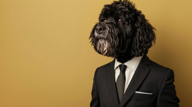 A curly-haired dog in a sharp black suit and tie poses against a warm yellow background, exuding a humorous yet dignified appearance.