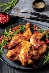 butterflied, spatchcock roast chicken on a plate