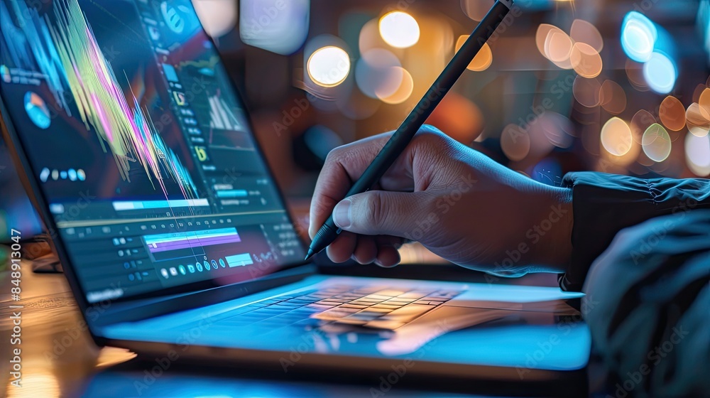 Poster professional working on a laptop, utilizing touch screen and pen for navigation