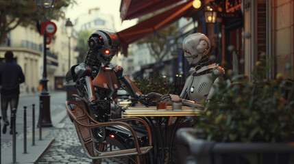 Obraz premium Two robots sit at an outdoor café table in a quaint European street, engaged in a conversation amid a charming, old-world setting.