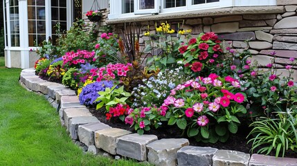 Fototapeta premium Beautifully landscaped front yard with vibrant flower beds and well-maintained stone wall