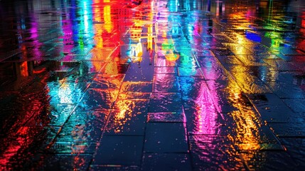 Reflections of neon lights on wet pavement after a rain shower at night